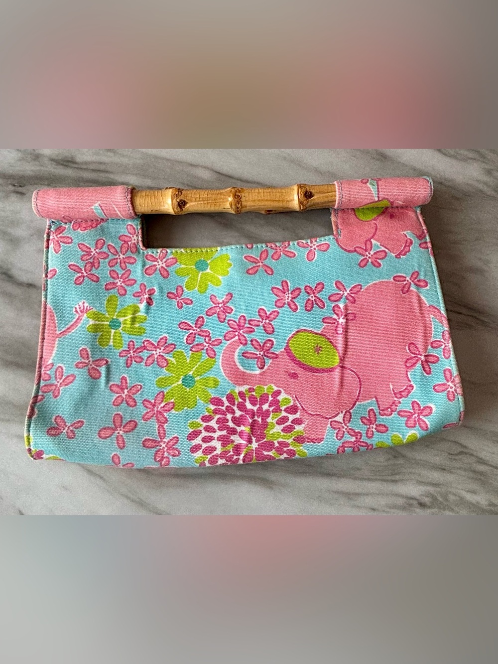 Vintage Lilly Pulitzer Elefrance Elephant Print Bamboo Handle Purse